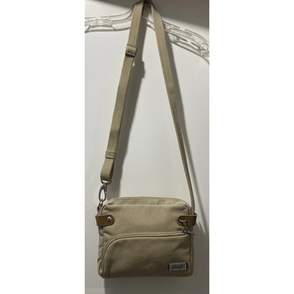 Travelon Heritage Crossbody/Shoulder Bag Tan Canvas Anti Theft Leather Accents - Picture 3 of 10